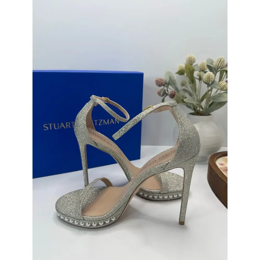 Stuart Weitzman Nudistdisco Pearl Sandal Fine Glitter Silver Women 9.5B